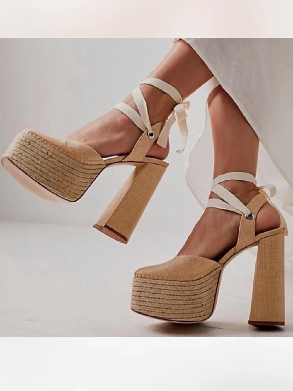 Schutz Nala Light Nude Canvas Platform Lace-Up Espadrille Heels Womens 10